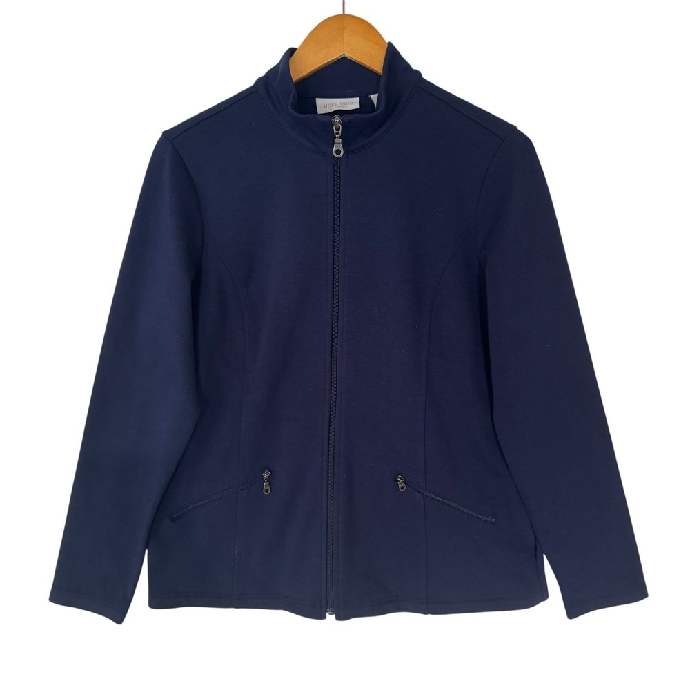 Chicos Weekends Jacket Womens 1 Blue Full Zip Mock Neck Casual Stretch